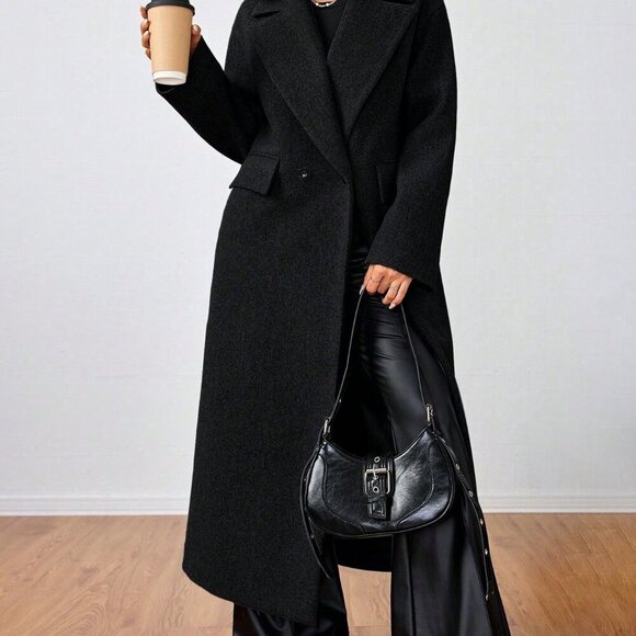 Black Casual Women's Collared Long Overcoat - Picture 6 of 6